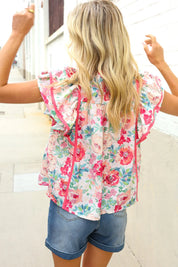 Southern Nights Pink Contrast Binding Floral Flutter Sleeve Top | Daverri Fashions