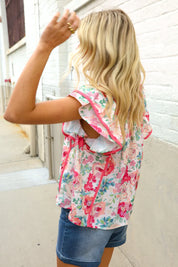 Southern Nights Pink Contrast Binding Floral Flutter Sleeve Top | Daverri Fashions