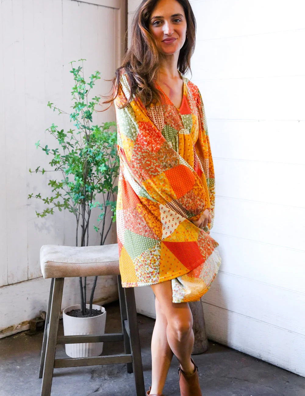 Harvest Patchwork Dreams Thermal Babydoll Bubble Dress | Daverri Fashions