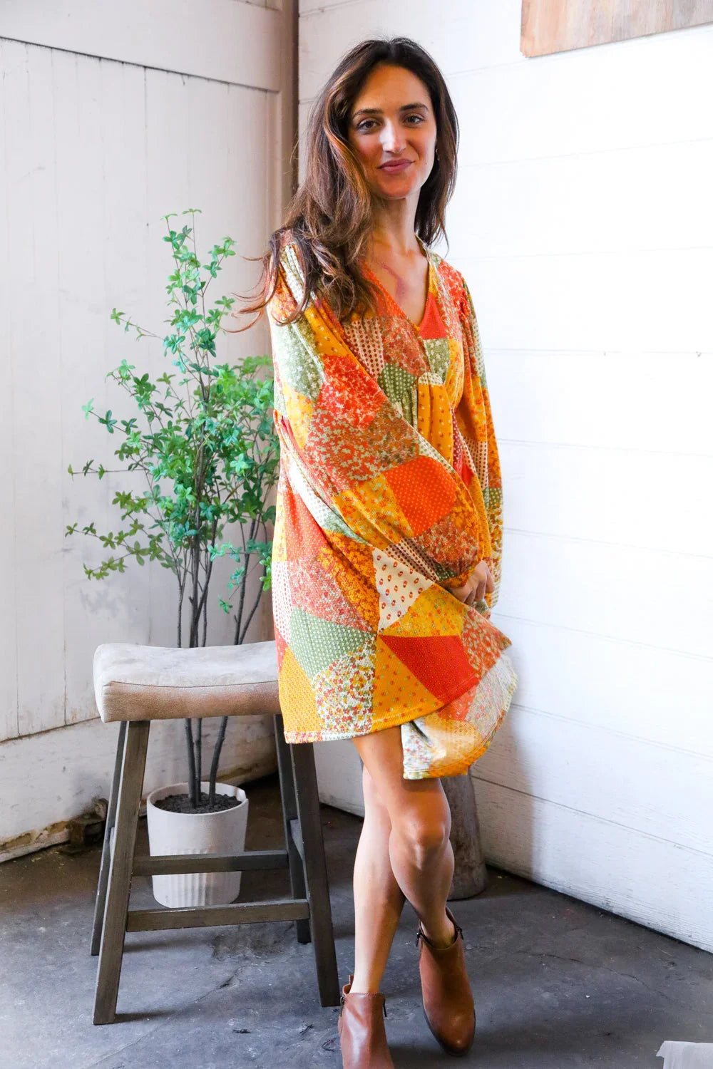 Harvest Patchwork Dreams Thermal Babydoll Bubble Dress | Daverri Fashions