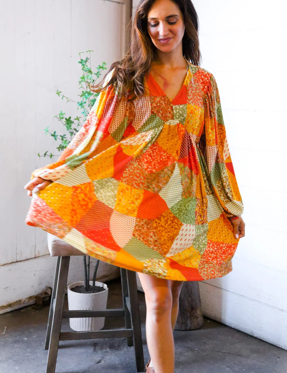 Harvest Patchwork Dreams Thermal Babydoll Bubble Dress | Daverri Fashions