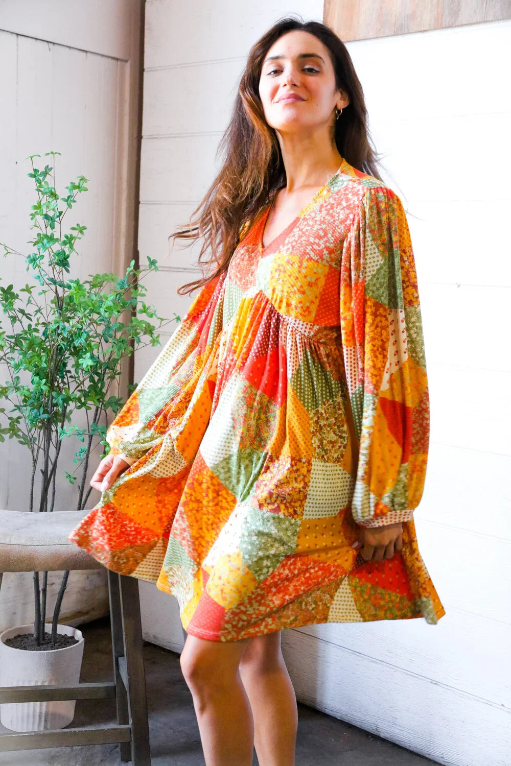 Harvest Patchwork Dreams Thermal Babydoll Bubble Dress | Daverri Fashions