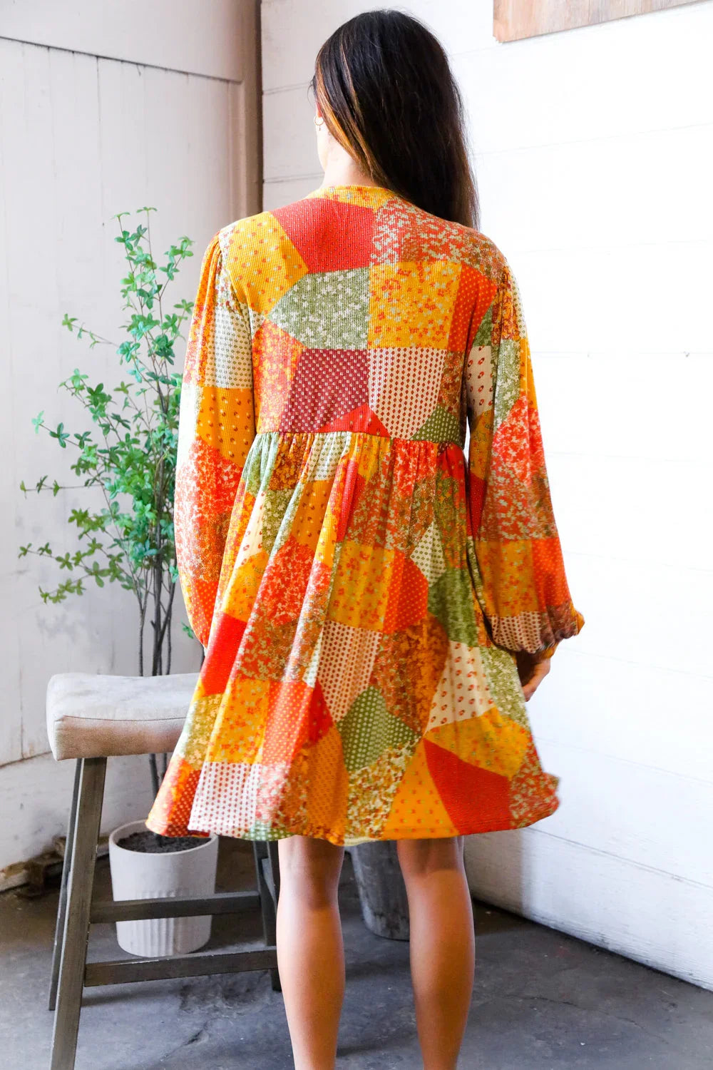 Harvest Patchwork Dreams Thermal Babydoll Bubble Dress | Daverri Fashions