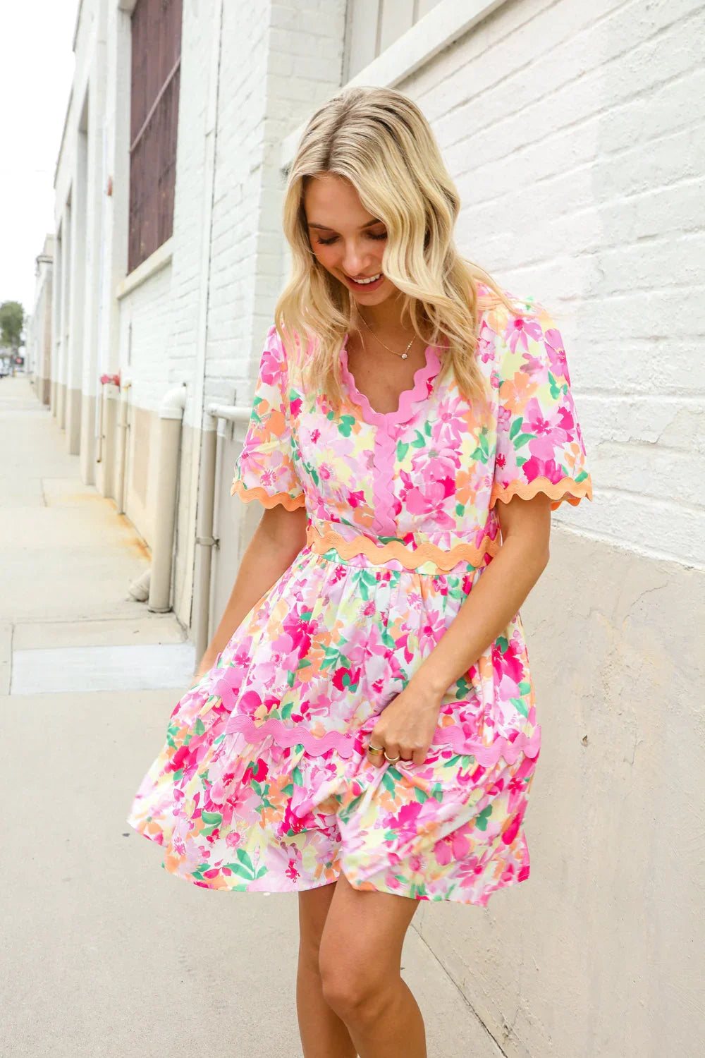 Beautiful You Rose Floral Print Ric Rack Trim Babydoll Dress | Daverri Fashions