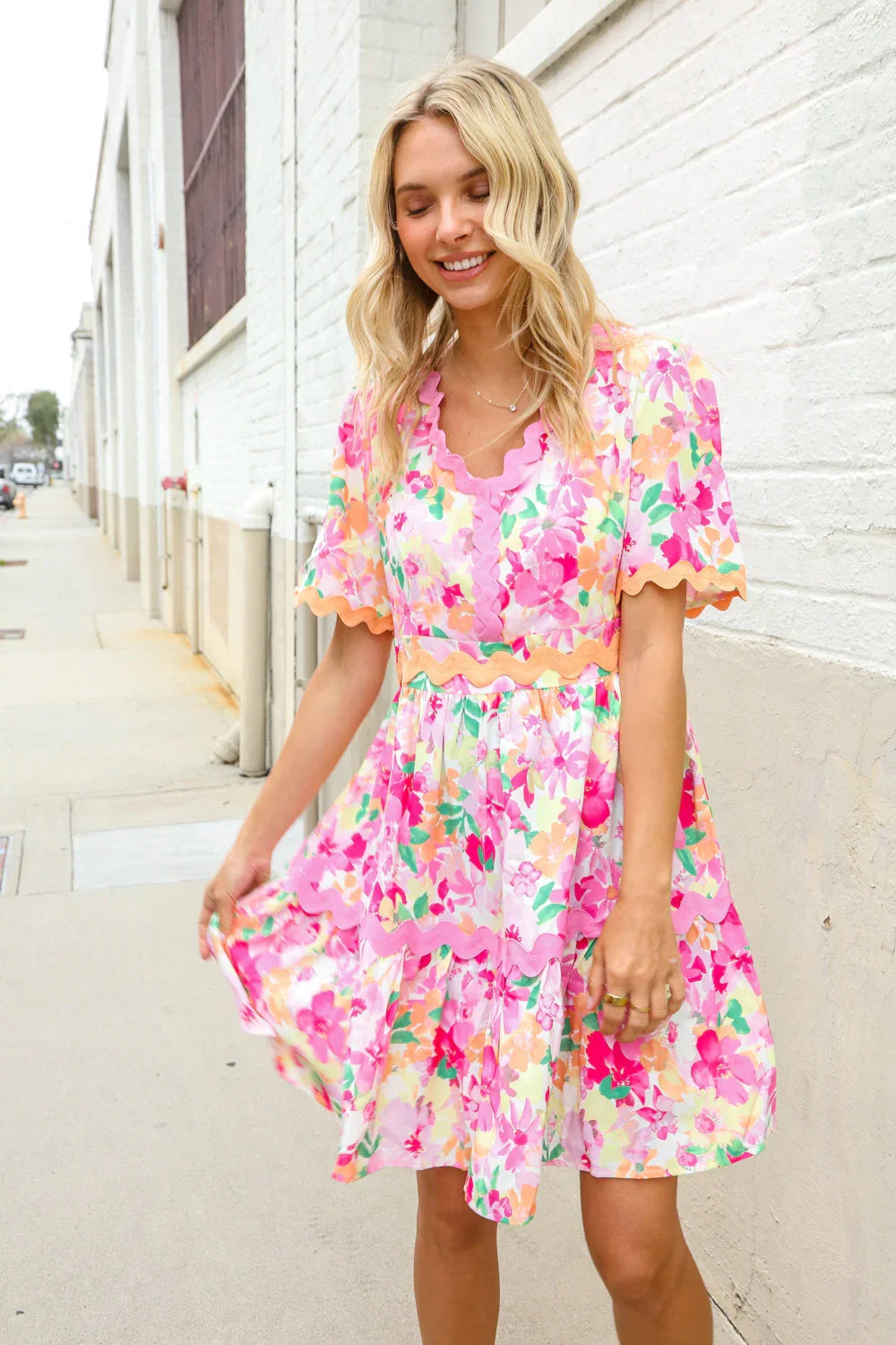 Beautiful You Rose Floral Print Ric Rack Trim Babydoll Dress | Daverri Fashions