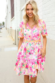 Beautiful You Rose Floral Print Ric Rack Trim Babydoll Dress | Daverri Fashions