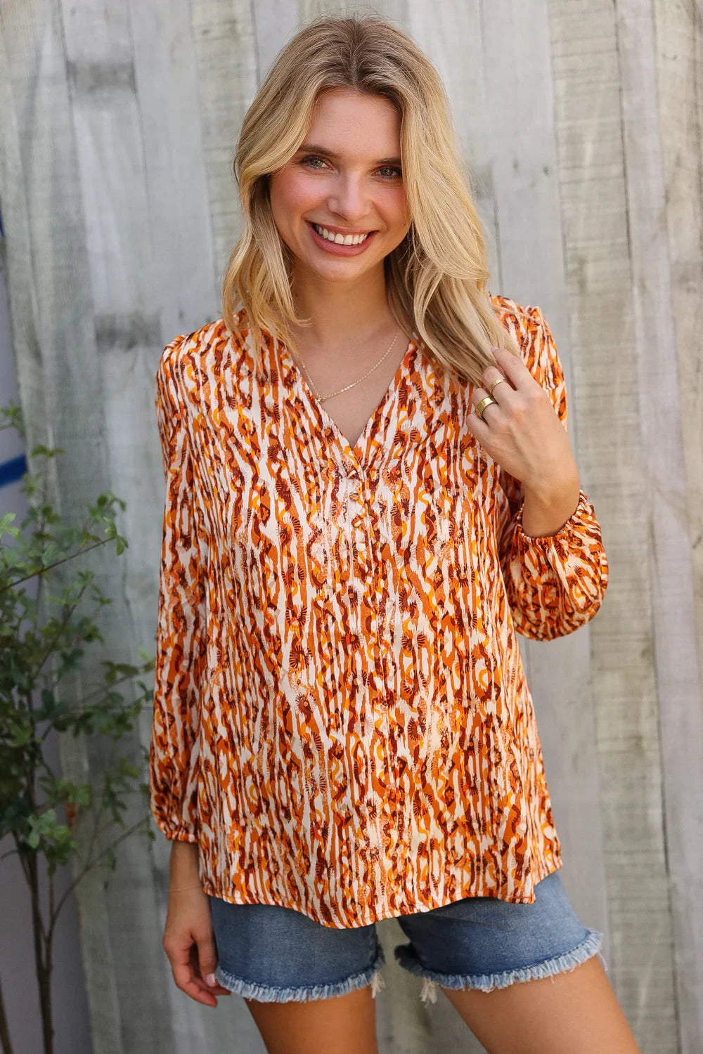 Perfectly You Rust Satin Button-Down V Neck Elastic Sleeve Blouse | Daverri Fashions