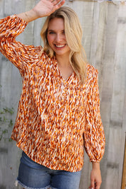 Perfectly You Rust Satin Button-Down V Neck Elastic Sleeve Blouse | Daverri Fashions