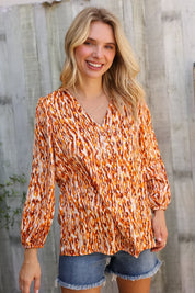 Perfectly You Rust Satin Button-Down V Neck Elastic Sleeve Blouse | Daverri Fashions