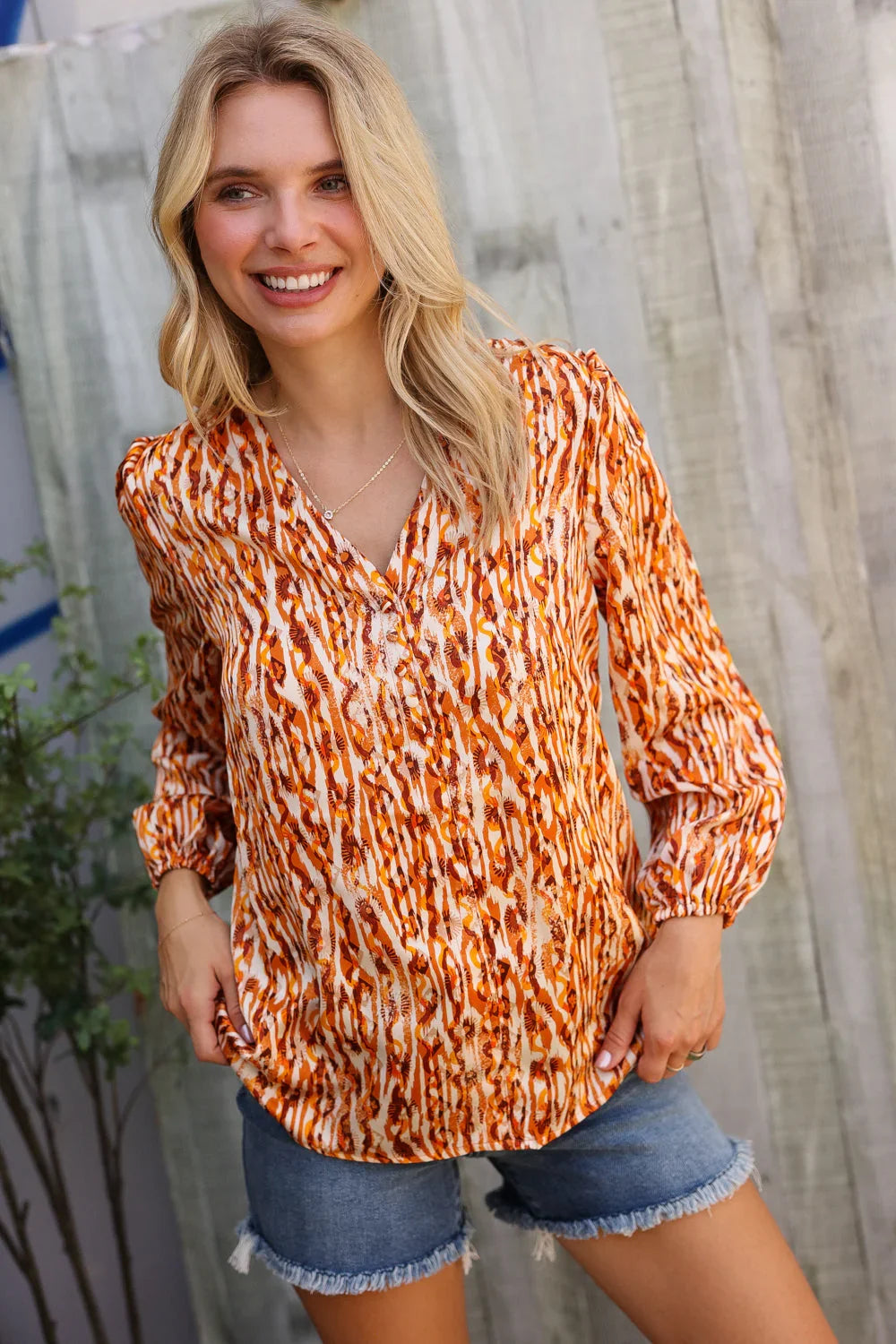 Perfectly You Rust Satin Button-Down V Neck Elastic Sleeve Blouse | Daverri Fashions