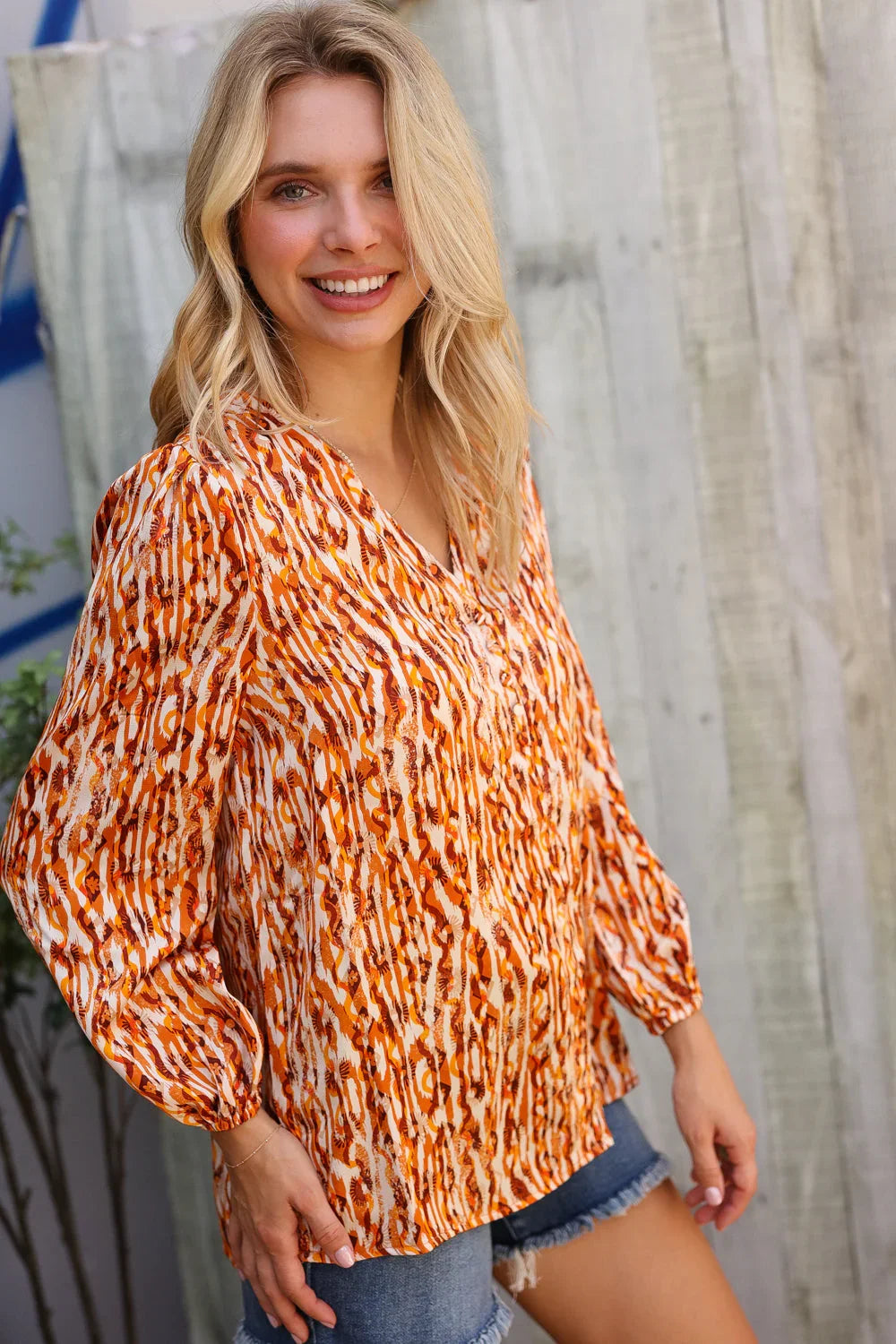 Perfectly You Rust Satin Button-Down V Neck Elastic Sleeve Blouse | Daverri Fashions