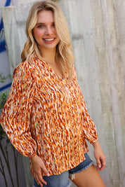 Perfectly You Rust Satin Button-Down V Neck Elastic Sleeve Blouse | Daverri Fashions