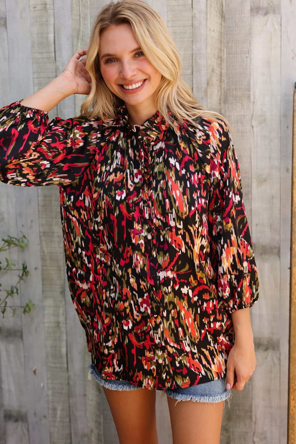 Evening Sunset Scribble Button Down floral blouse