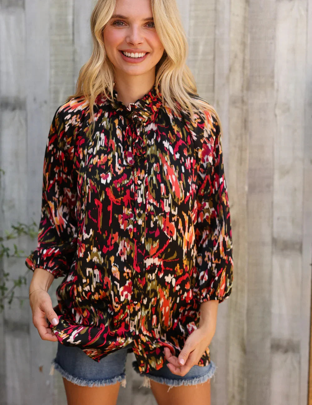 Evening Sunset Scribble Button Down Blouse | Daverri Fashions
