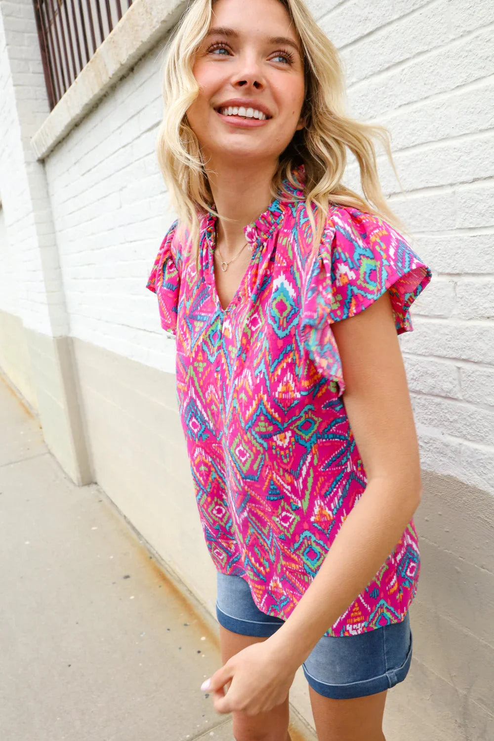 You Got This Fuchsia Abstract Print Notch Frill Neck Blouse | Daverri Fashions