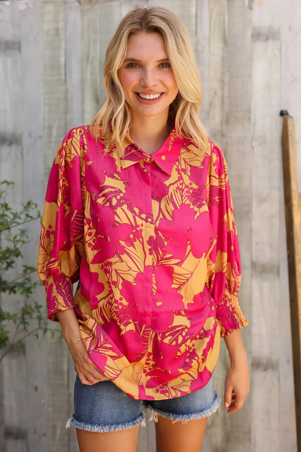 Elegant In Fuchsia Satin Button-Down Smock Long Sleeve Blouse | Daverri Fashions