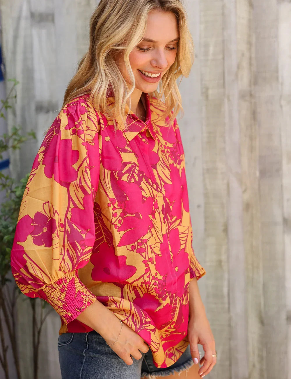 Elegant In Fuchsia Satin Button-Down Smock Long Sleeve Blouse | Daverri Fashions