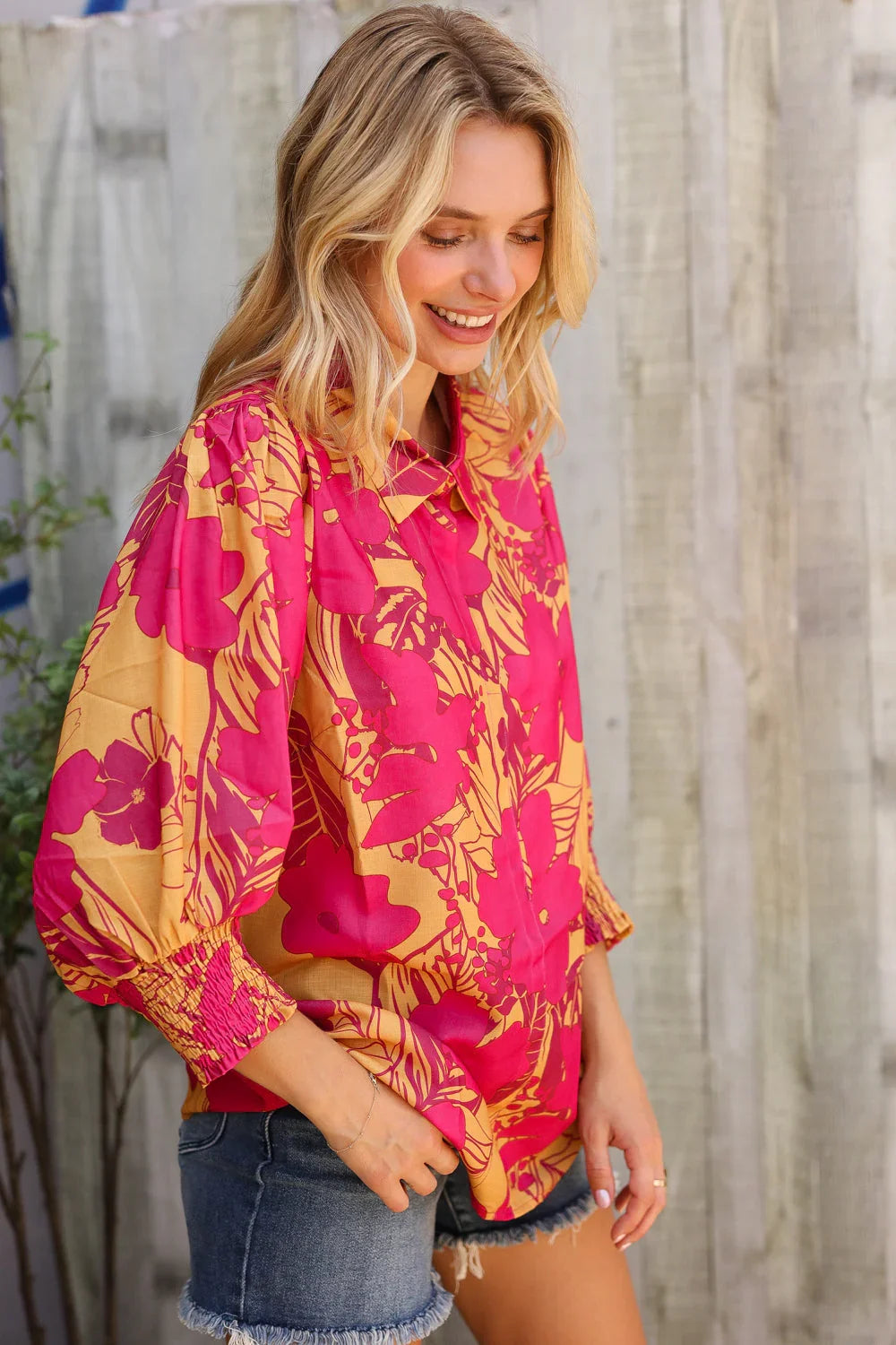 Elegant In Fuchsia Satin Button-Down Smock Long Sleeve Blouse | Daverri Fashions