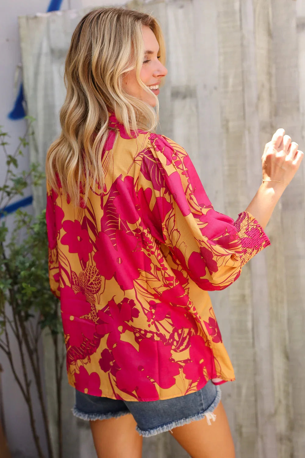 Elegant In Fuchsia Satin Button-Down Smock Long Sleeve Blouse | Daverri Fashions