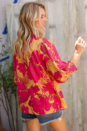 Elegant In Fuchsia Satin Button-Down Smock Long Sleeve Blouse | Daverri Fashions