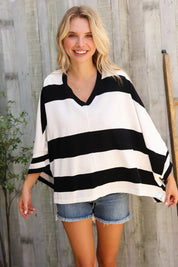 The Traveler Black/White Stripe Dolman Notch Neck Sweater Poncho | Daverri Fashions