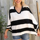 The Traveler Black/White Stripe Dolman Notch Neck Sweater Poncho - DAVERRI FASHIONS
