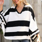 The Traveler Black/White Stripe Dolman Notch Neck Sweater Poncho - DAVERRI FASHIONS