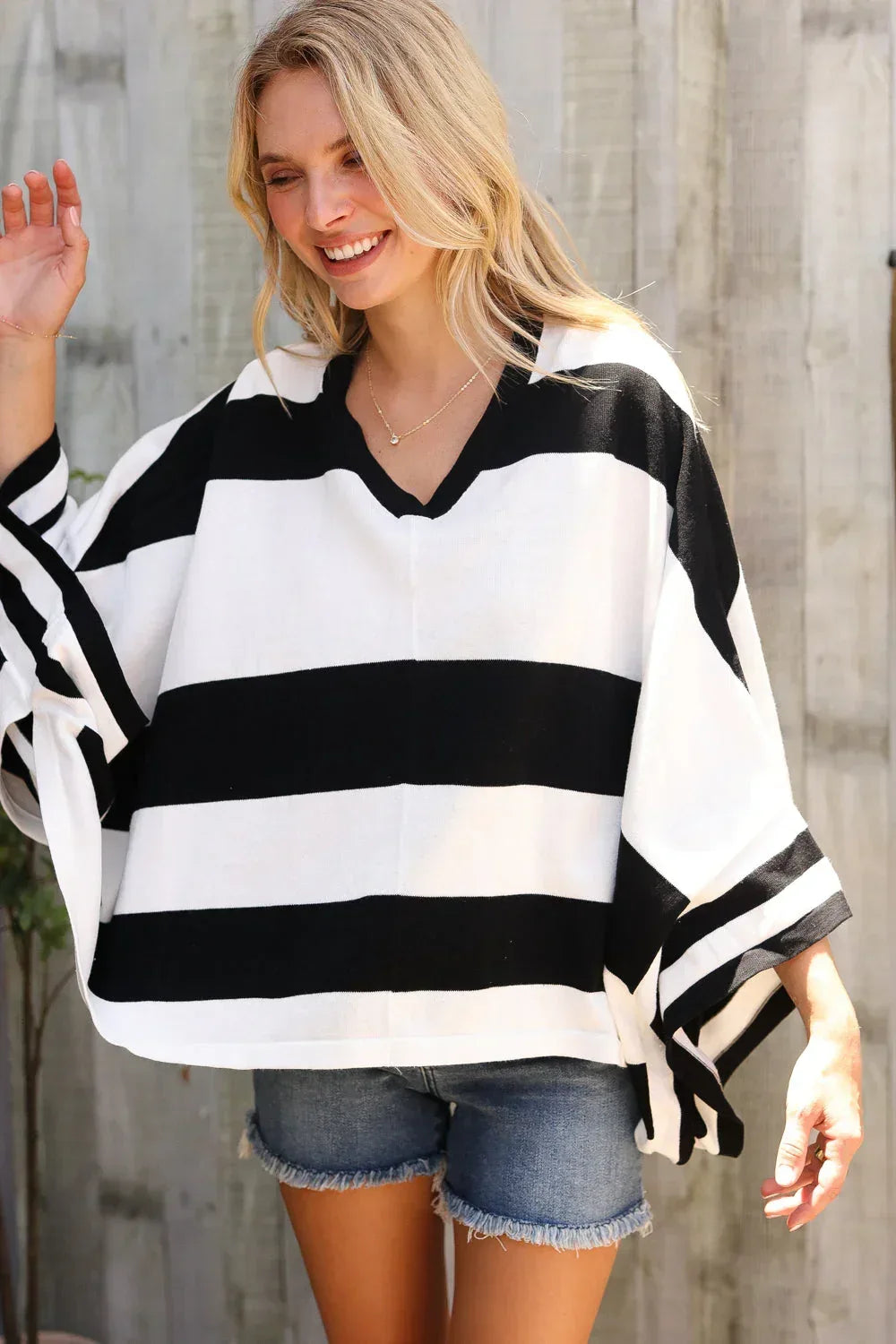 The Traveler Black/White Stripe Dolman Notch Neck Sweater Poncho - DAVERRI FASHIONS