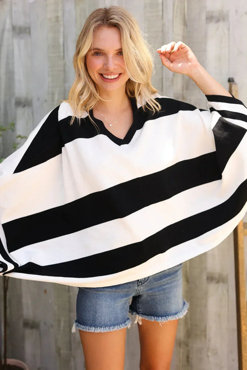The Traveler Black/White Stripe Dolman Notch Neck Sweater Poncho - DAVERRI FASHIONS