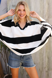 The Traveler Black/White Stripe Dolman Notch Neck Sweater Poncho | Daverri Fashions