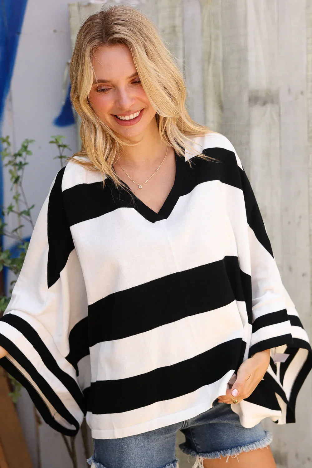 The Traveler Black/White Stripe Dolman Notch Neck Sweater Poncho | Daverri Fashions