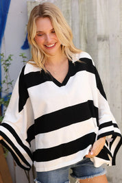 The Traveler Black/White Stripe Dolman Notch Neck Sweater Poncho | Daverri Fashions