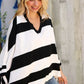 The Traveler Black/White Stripe Dolman Notch Neck Sweater Poncho - DAVERRI FASHIONS