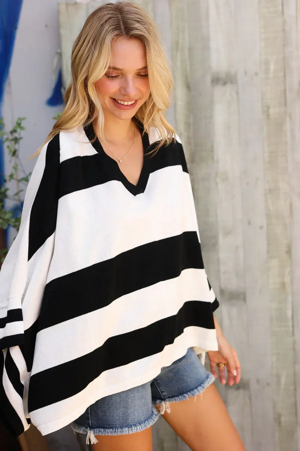 The Traveler Black/White Stripe Dolman Notch Neck Sweater Poncho - DAVERRI FASHIONS