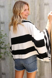 The Traveler Black/White Stripe Dolman Notch Neck Sweater Poncho | Daverri Fashions