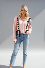 Find Love Pink Bow Detail Button Down Chunky Sweater Cardigan | Daverri Fashions