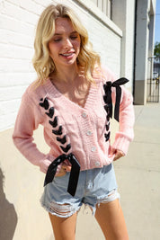 Find Love Pink Bow Detail Button Down Chunky Sweater Cardigan | Daverri Fashions