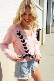 Find Love Pink Bow Detail Button Down Chunky Sweater Cardigan | Daverri Fashions