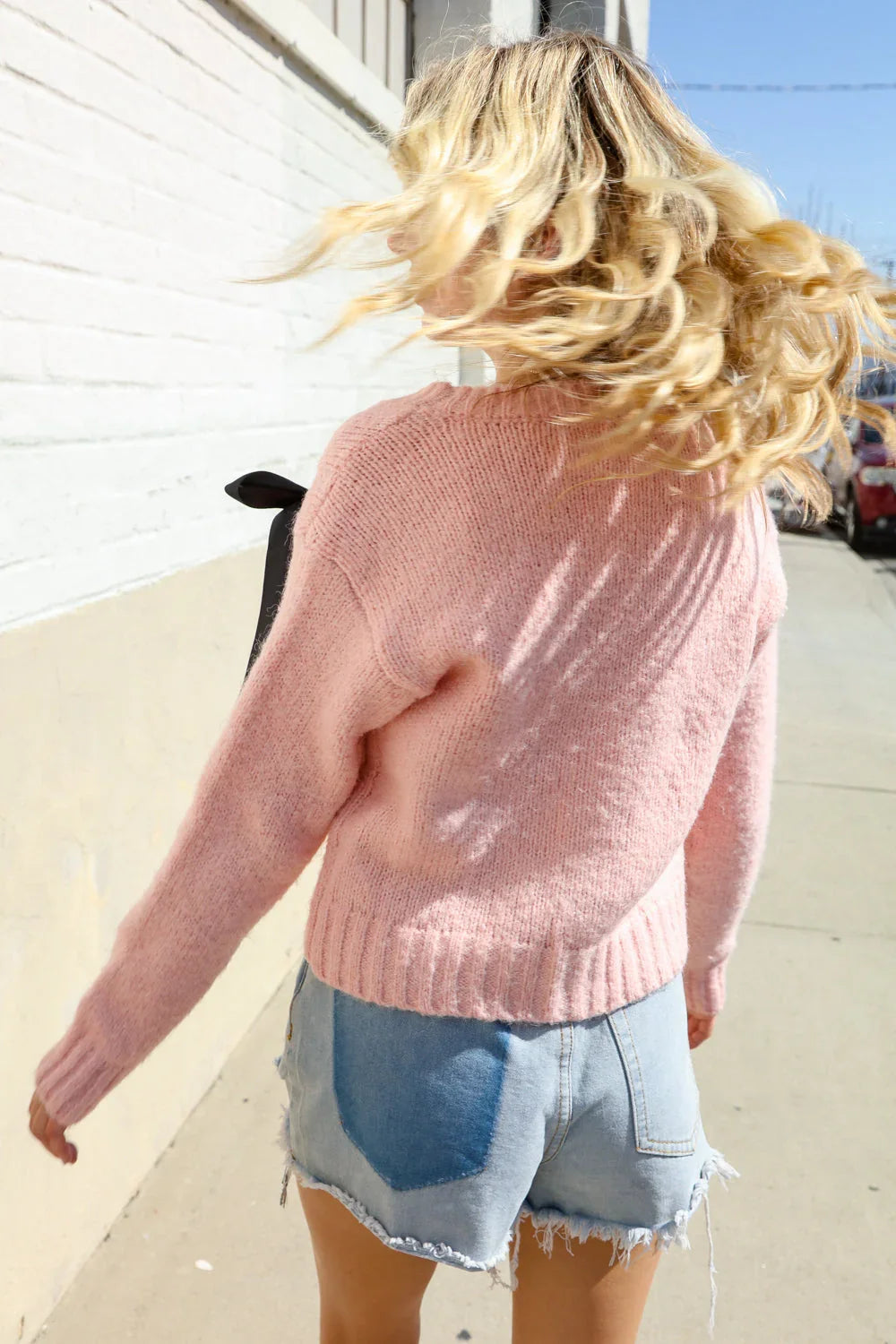 Find Love Pink Bow Detail Button Down Chunky Sweater Cardigan | Daverri Fashions