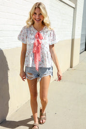 Feeling Femme Ivory Ribbon Bow Tie Folded Puff Sleeve Top | Daverri Fashions