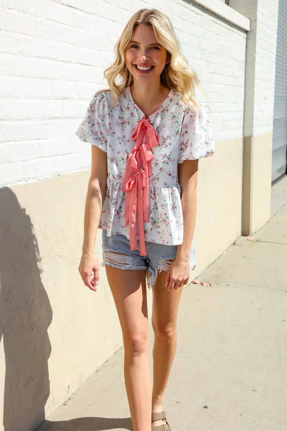 Feeling Femme Ivory Ribbon Bow Tie Folded Puff Sleeve Top | Daverri Fashions