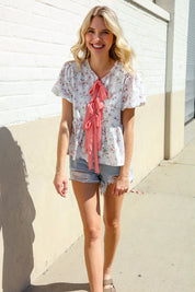 Feeling Femme Ivory Ribbon Bow Tie Folded Puff Sleeve Top | Daverri Fashions