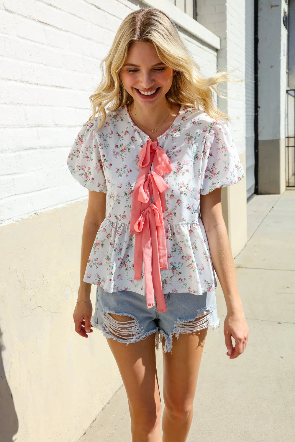 Feeling Femme Ivory Ribbon Bow Tie Folded Puff Sleeve Top | Daverri Fashions