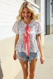 Feeling Femme Ivory Ribbon Bow Tie Folded Puff Sleeve Top | Daverri Fashions