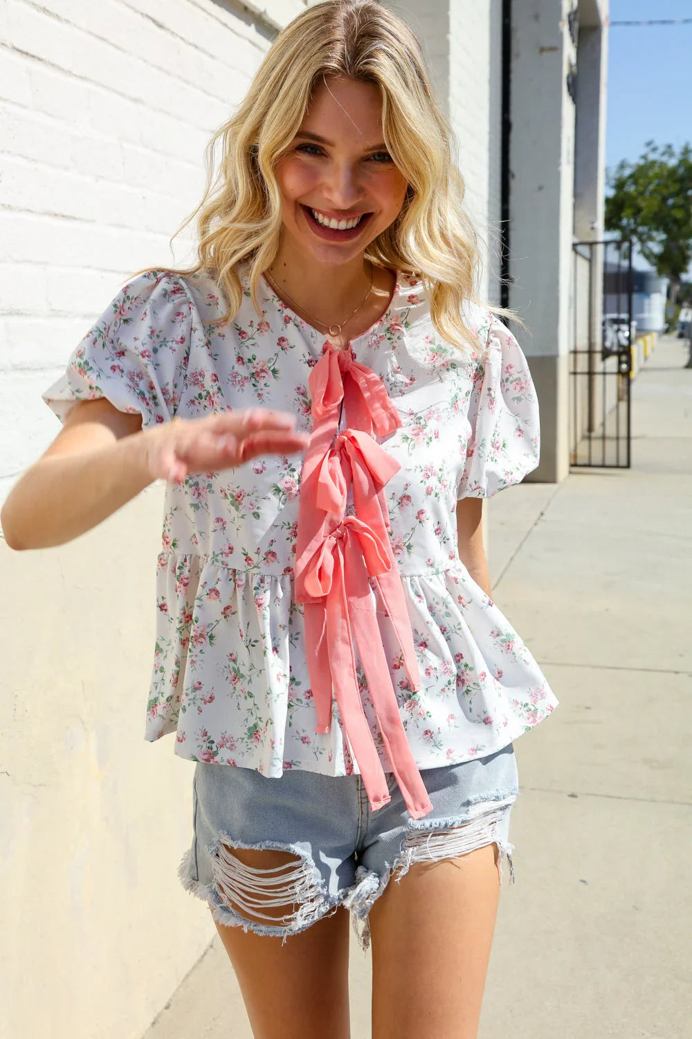 Feeling Femme Ivory Ribbon Bow Tie Folded Puff Sleeve Top | Daverri Fashions