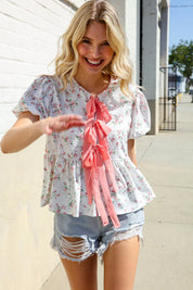 Feeling Femme Ivory Ribbon Bow Tie Folded Puff Sleeve Top | Daverri Fashions