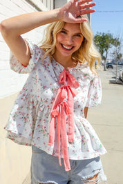 Feeling Femme Ivory Ribbon Bow Tie Folded Puff Sleeve Top | Daverri Fashions