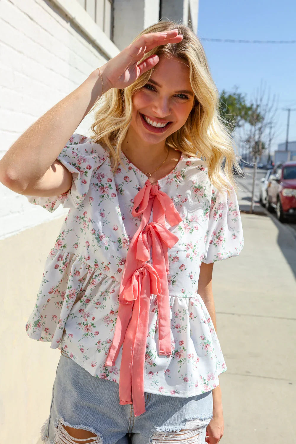 Feeling Femme Ivory Ribbon Bow Tie Folded Puff Sleeve Top | Daverri Fashions