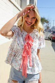 Feeling Femme Ivory Ribbon Bow Tie Folded Puff Sleeve Top | Daverri Fashions