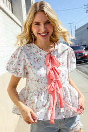 Feeling Femme Ivory Ribbon Bow Tie Folded Puff Sleeve Top | Daverri Fashions